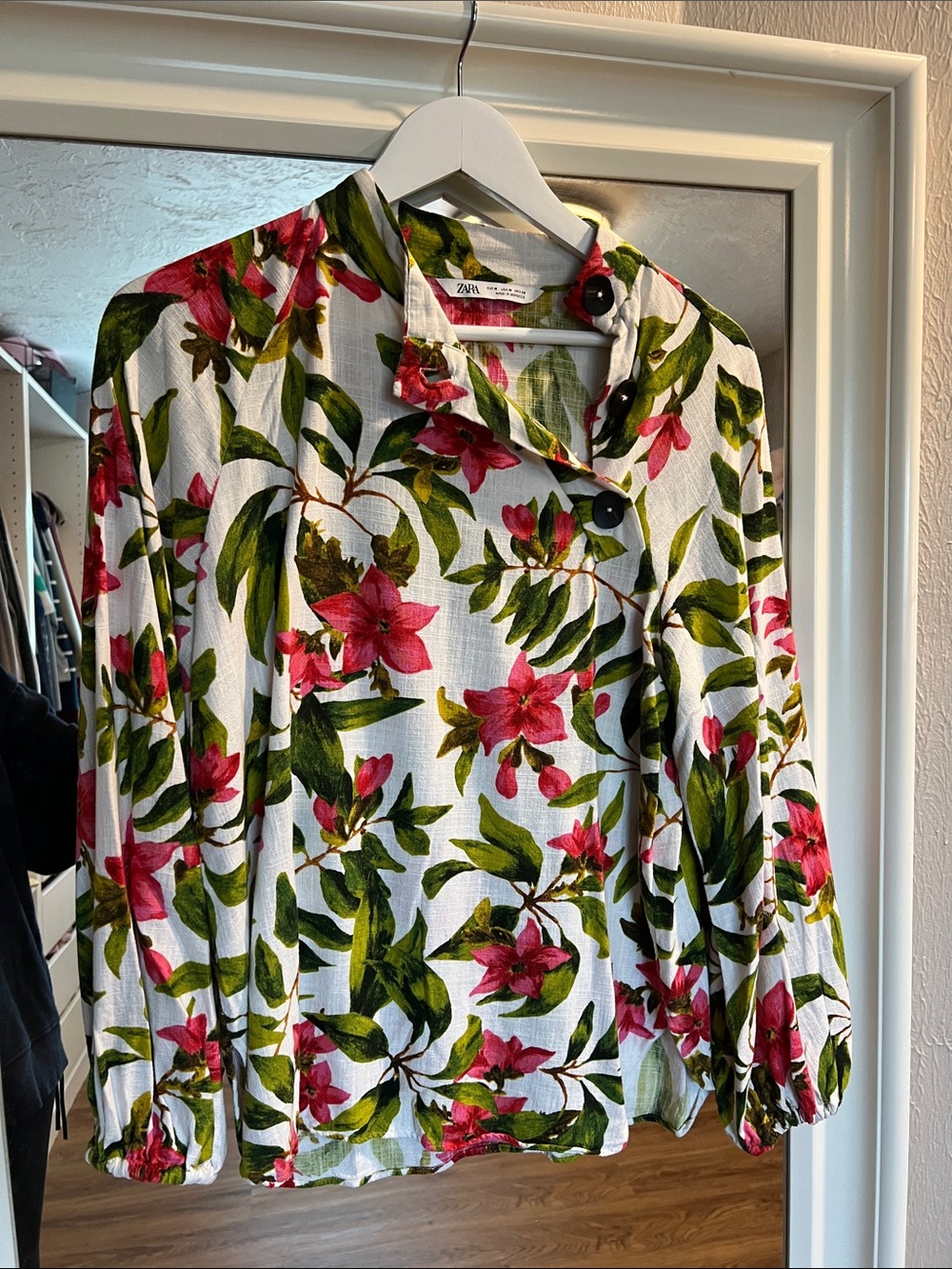 Zara White Floral Button-Neck Blouse with Pink & Green